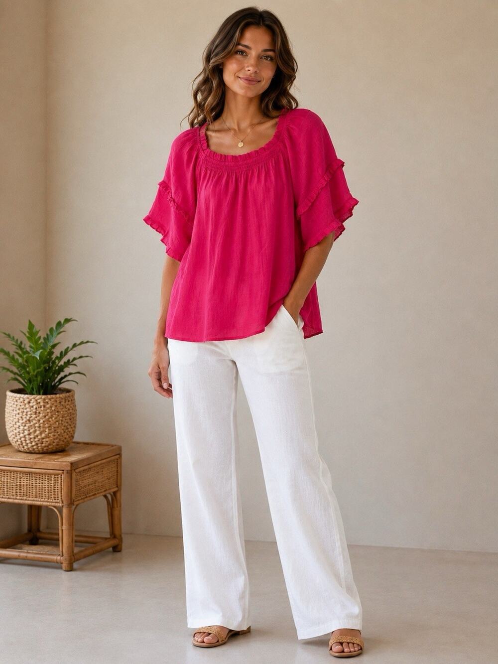 Vintage Y2K Nanette Lepore Womens Ruffle Short Sleeve Blouse Hot Pink S Feminine